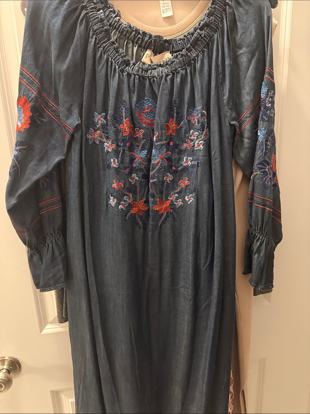 Embroidered Indigo Peasant Dress with Red Accents